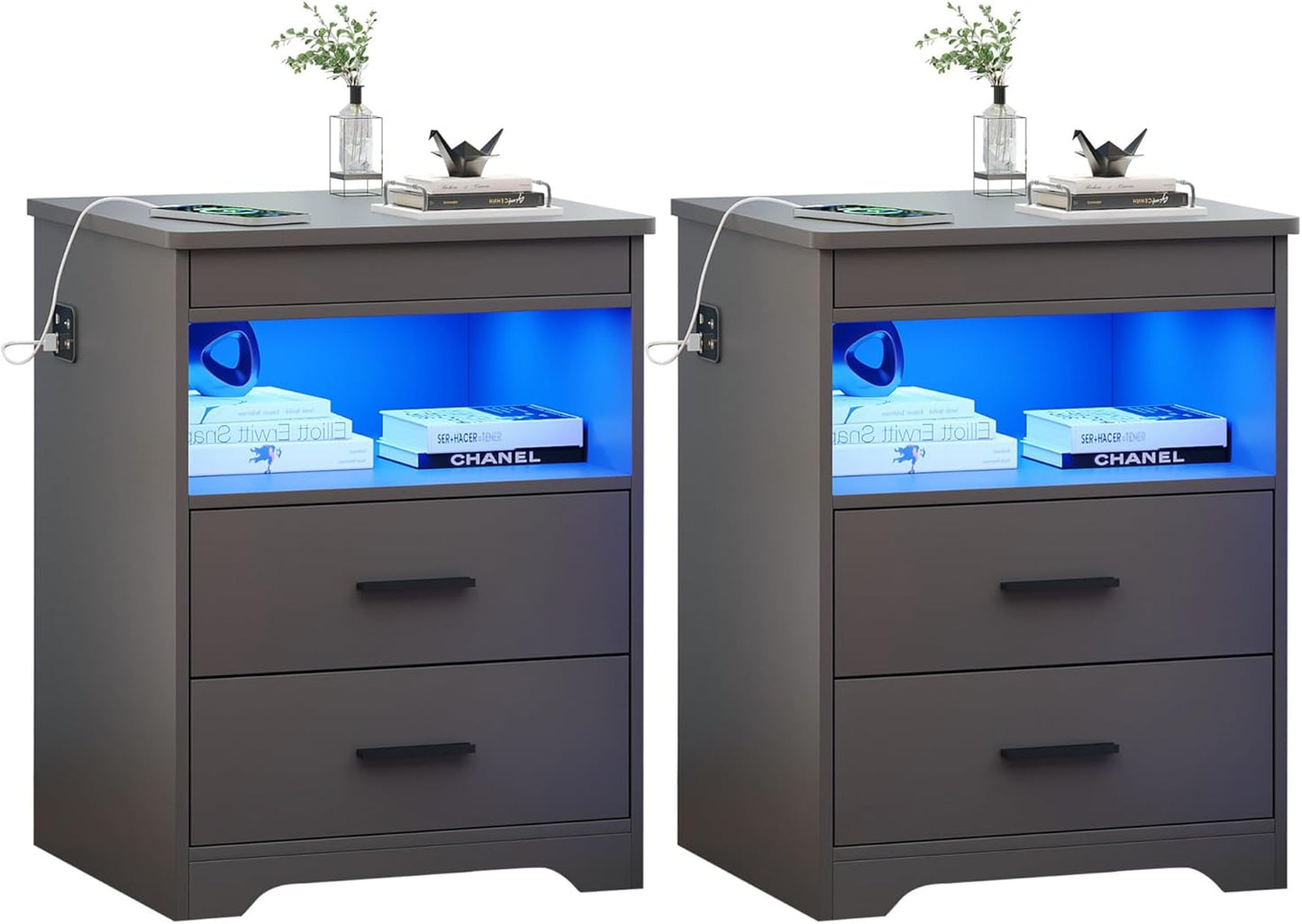 Charging Bedside Table with USB & Type-C Port, LED