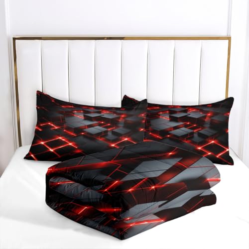 Red Black Geometric Comforter Set Queen Size 3D Stereoscopic