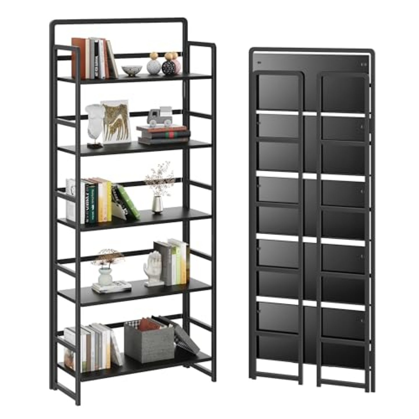 Black 5 Tiers Folding Bookshelf Storage Shelves