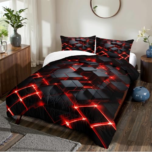Red Black Geometric Comforter Set Queen Size 3D Stereoscopic