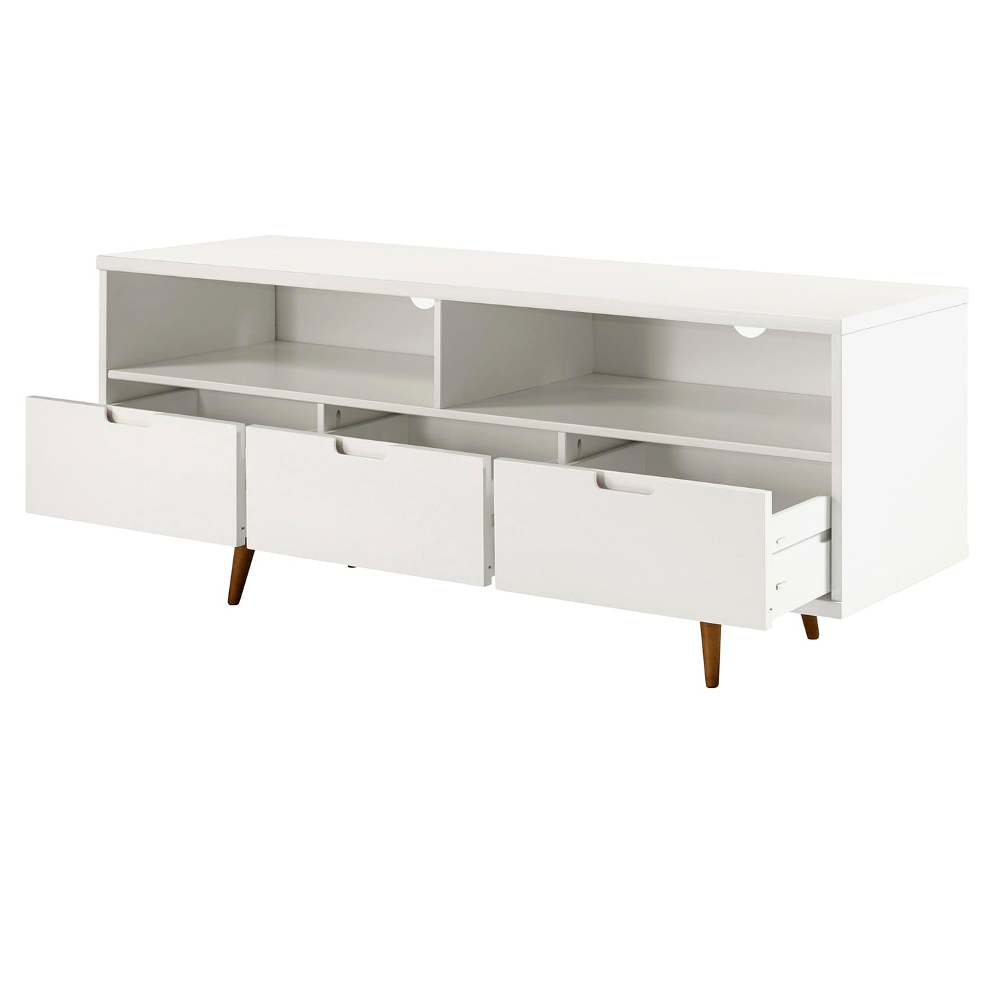 White - 65 IncheMid Century Modern 3 Drawer Solid Wood Low Stand TV