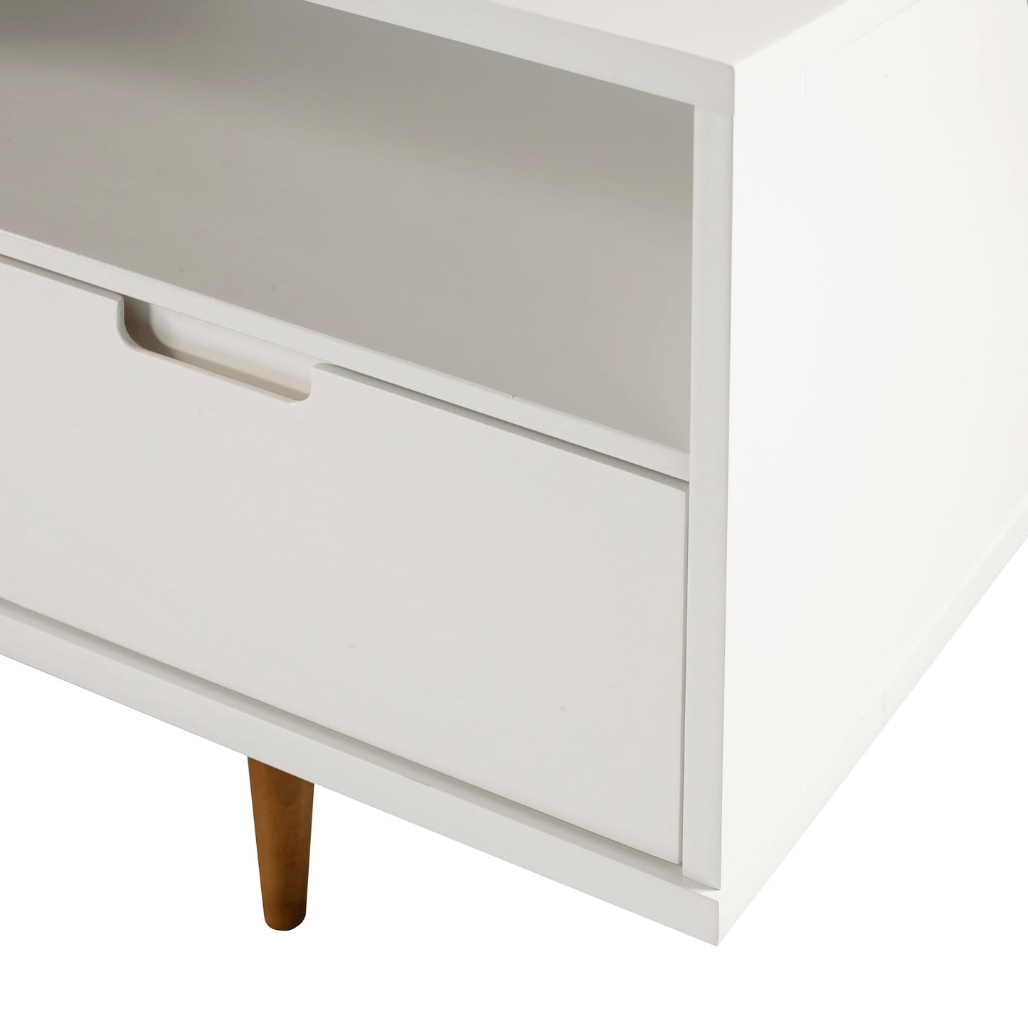 White - 65 IncheMid Century Modern 3 Drawer Solid Wood Low Stand TV