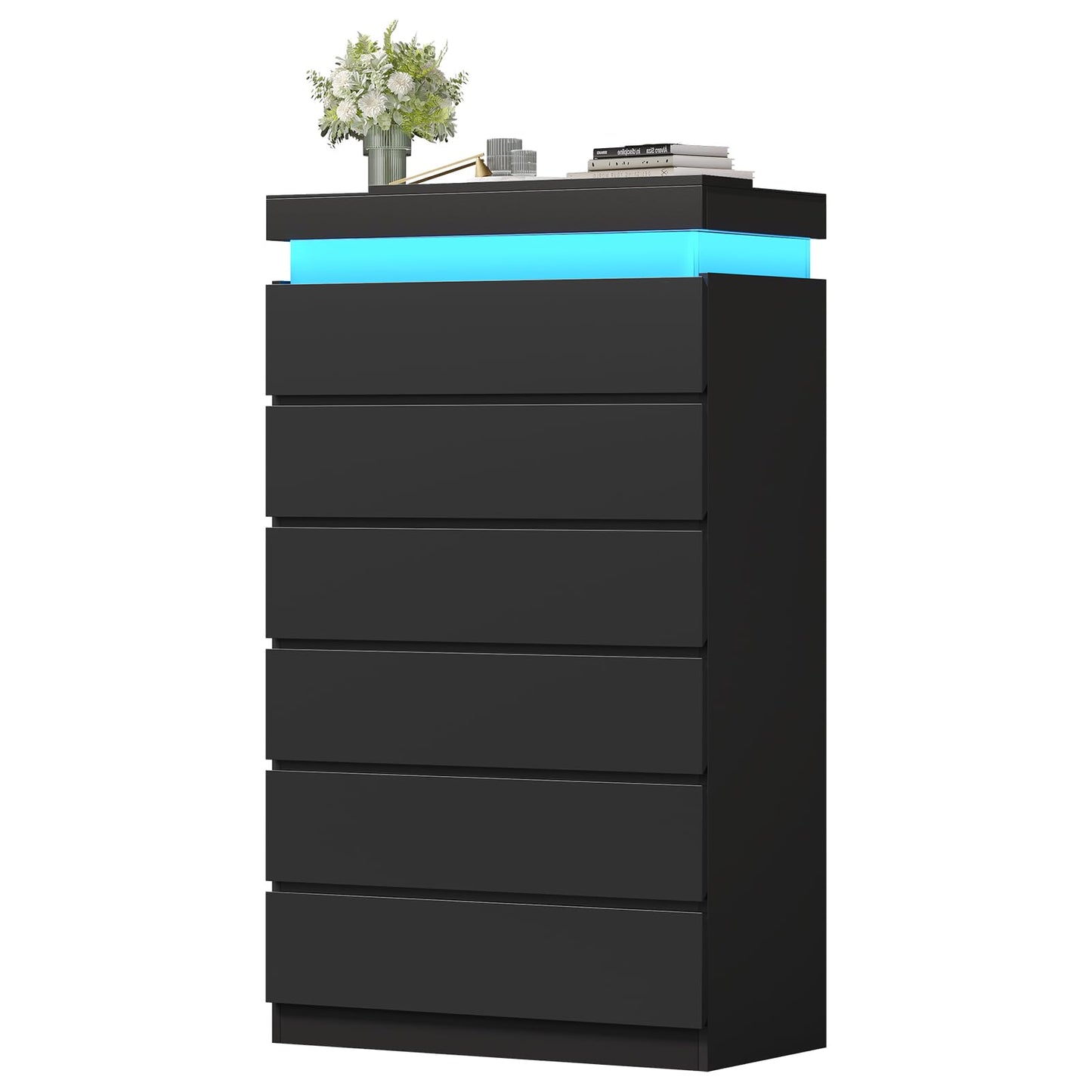 HAUOMS Tall 6 Drawer Dresser with LED Light, Black Modern Chest of Drawers for Bedroom,Closet Dressers with Drawers for Living Room, Entryway, Hallway