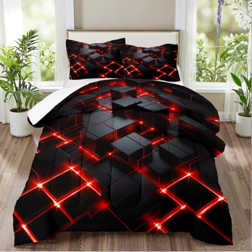 Red Black Geometric Comforter Set Queen Size 3D Stereoscopic