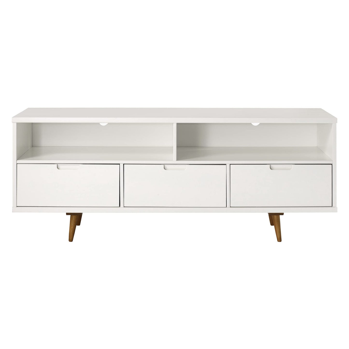 White - 65 IncheMid Century Modern 3 Drawer Solid Wood Low Stand TV