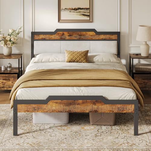 Bed Frame with Upholstered Headboard and Wooden Footboard
