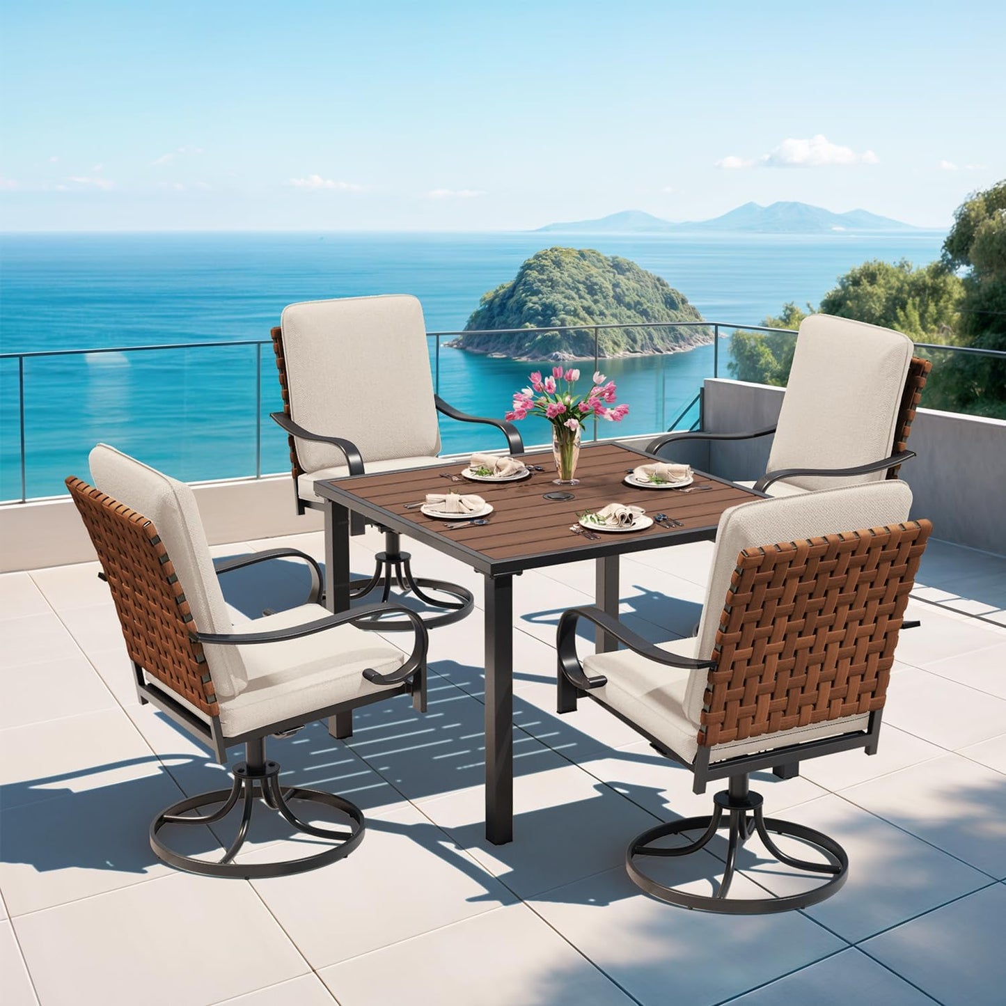 5-Piece Outdoor Dining Set - 4 Swivel Leather-Look Chairs