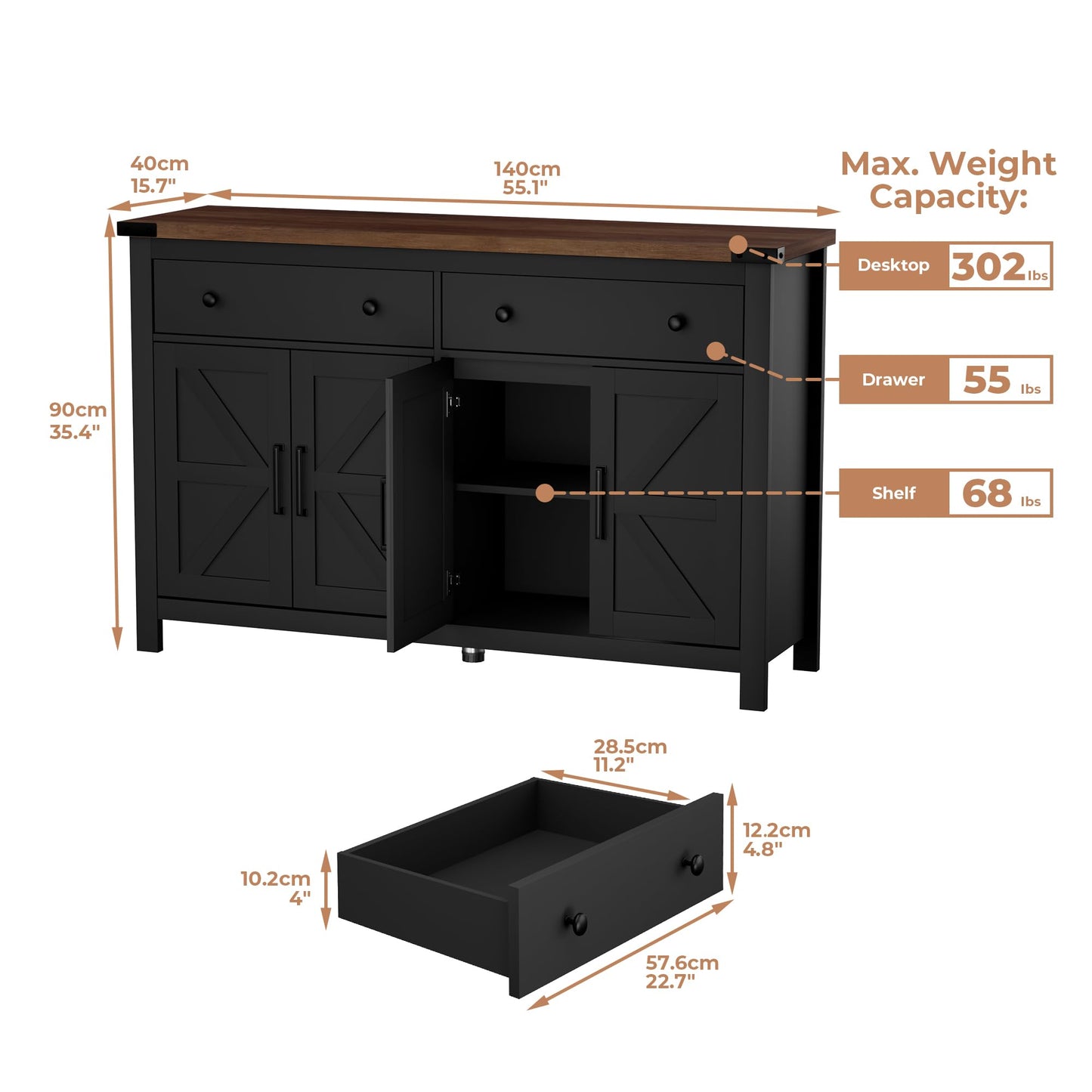 55" Sideboard Buffet Cabinet with Storage