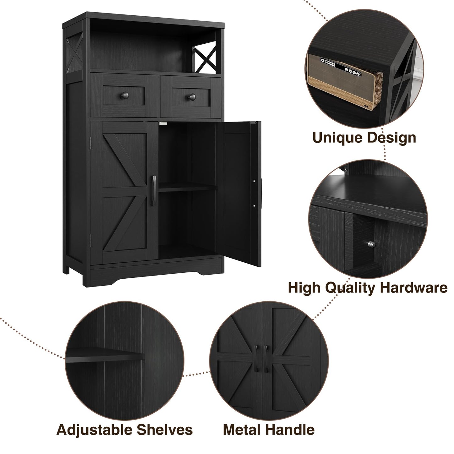 Black Storage Cabinet with Drawers and Shelves