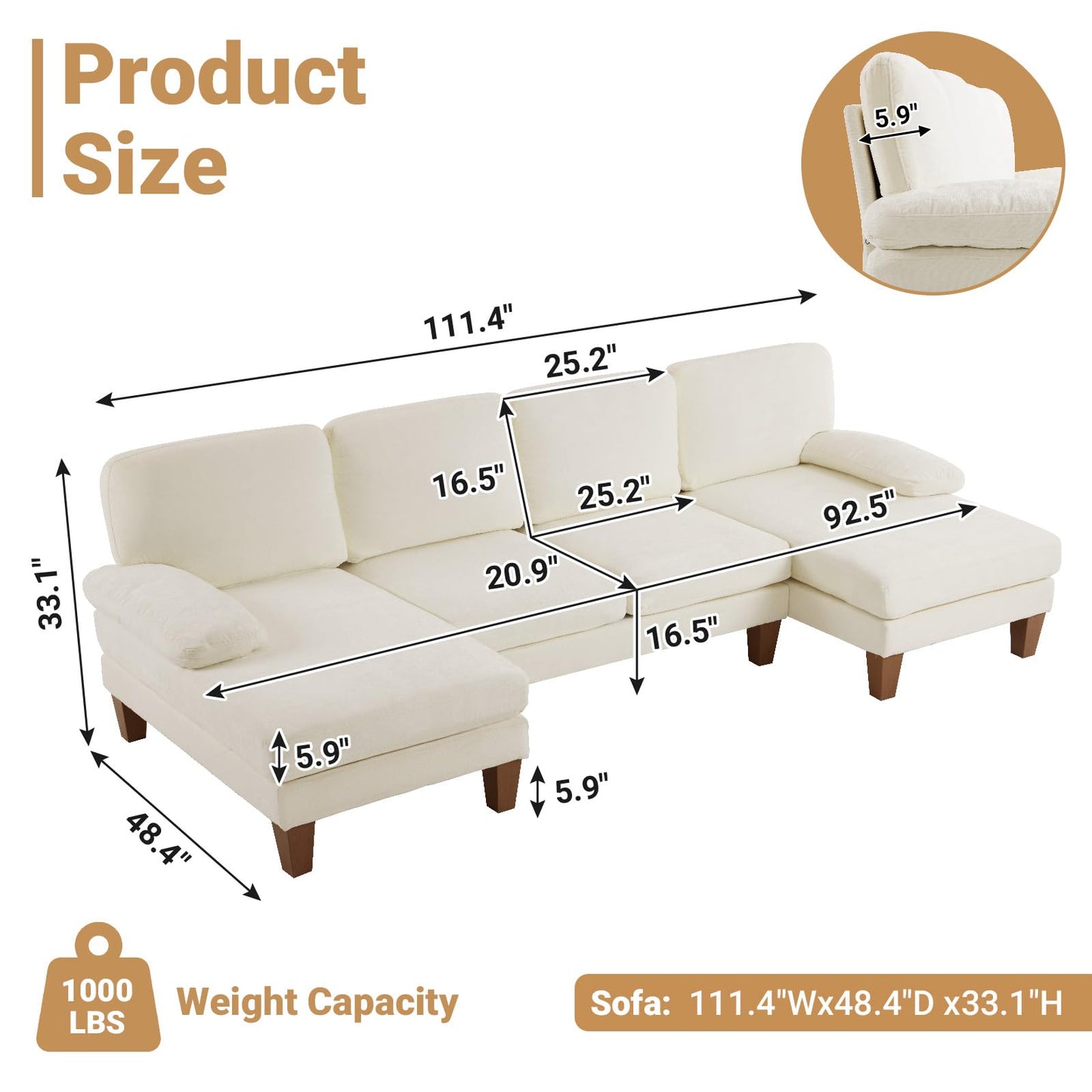 U Shaped Couch with Double Chaise, 4-Seat Sofa Set