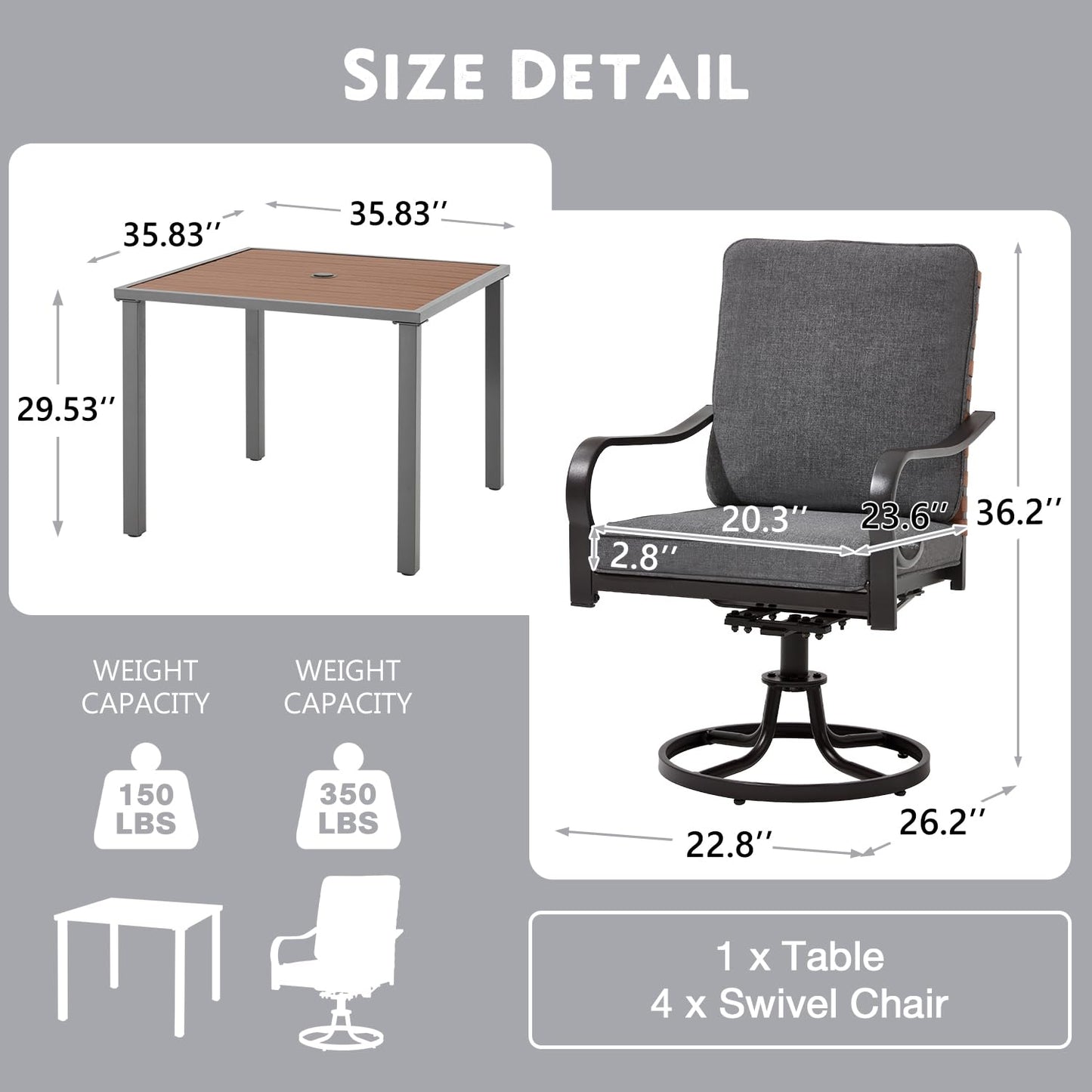 Size detail of a table and swivel chair with dimensions and weight capacity indicators.