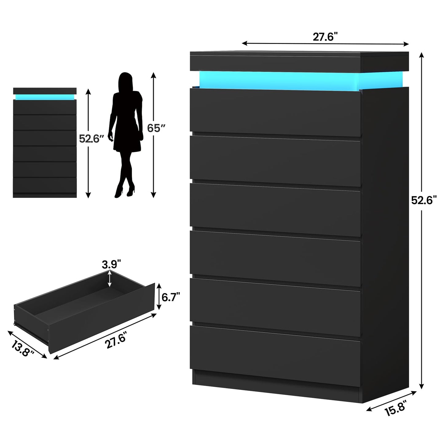 HAUOMS Tall 6 Drawer Dresser with LED Light, Black Modern Chest of Drawers for Bedroom,Closet Dressers with Drawers for Living Room, Entryway, Hallway