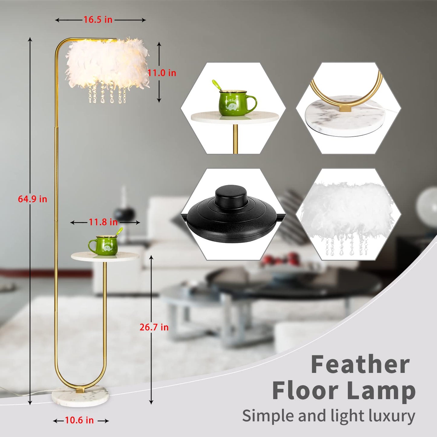 Unique Led White Feather Floor Lamp with Tray