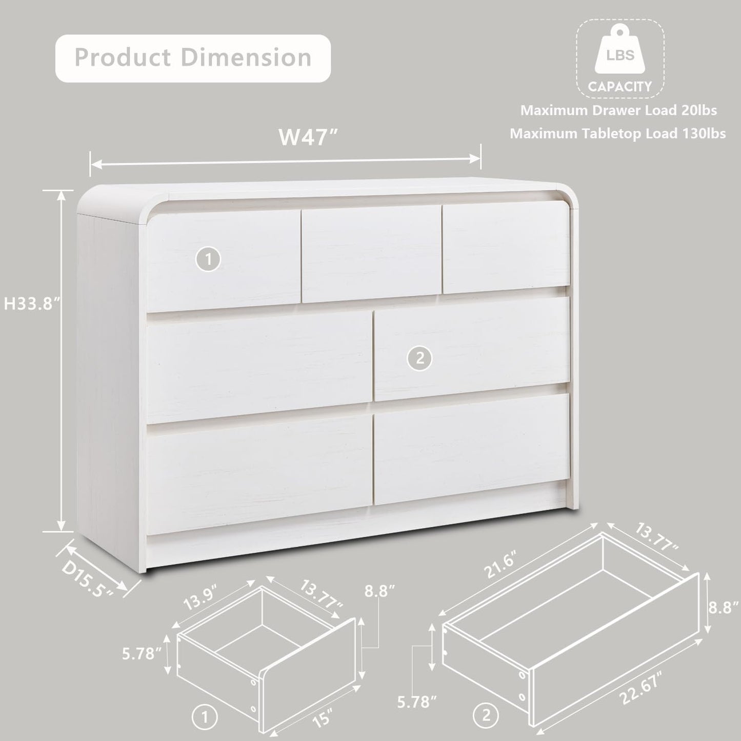Aitjunz Modern 7 Drawers Dresser for Bedroom, 47" Wide Wood Dressers & Chests of Drawers w/Curved Profile Design, Mid Century Modern Dresser w/Natural Texture for Bedroom, Living Room,Antique White