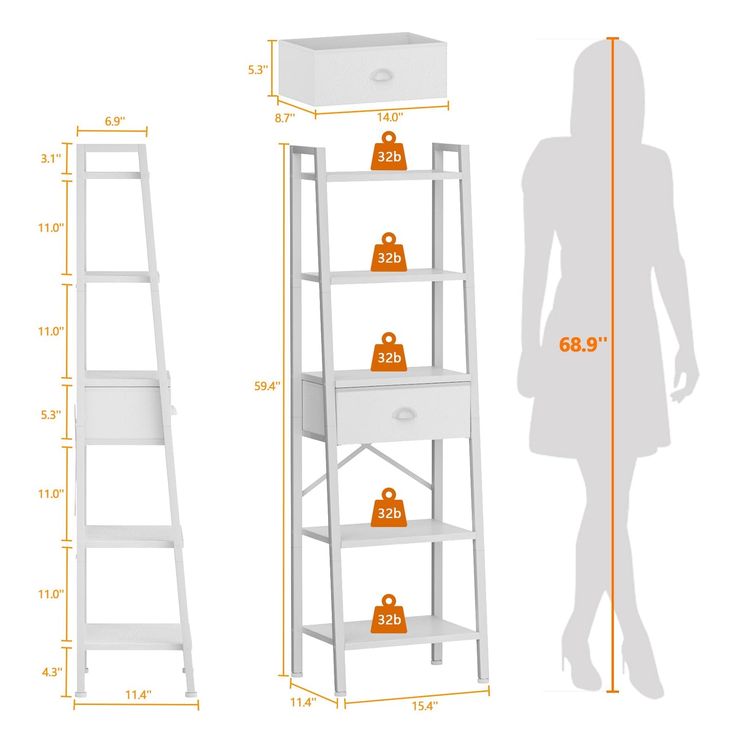 White 5 Tier Bookshelf