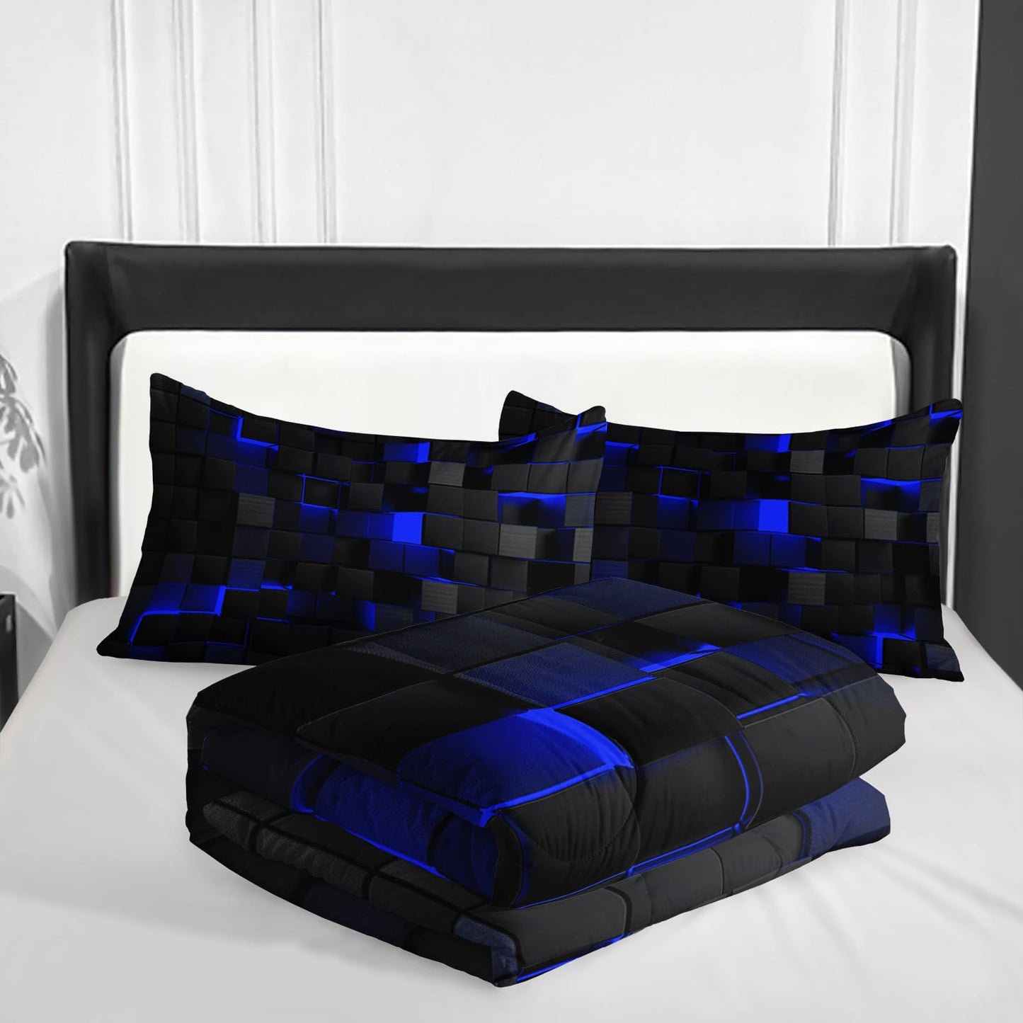 Blue Black Comforter Set,Light Honeycomb 3 Piece
