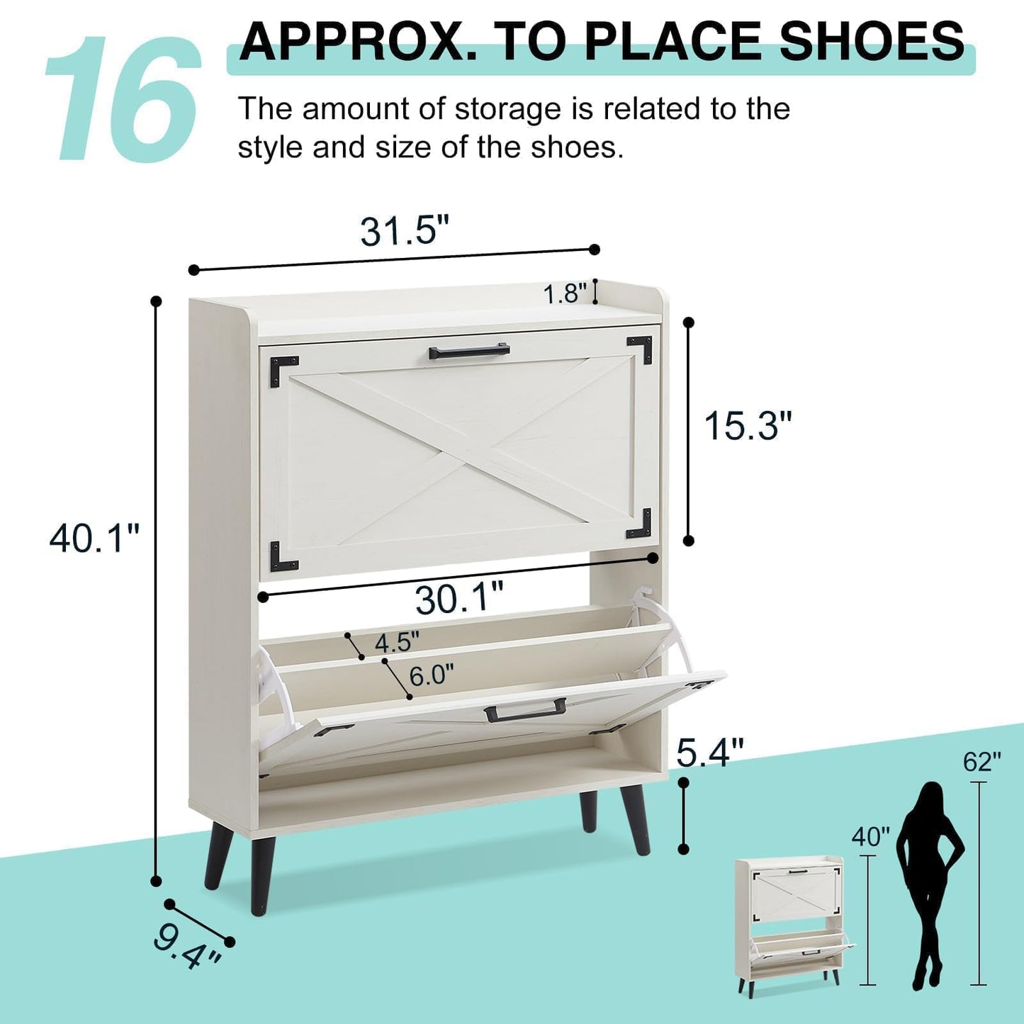 Barn Door Farmhouse Shoe Organizer with 2 Flip Drawers