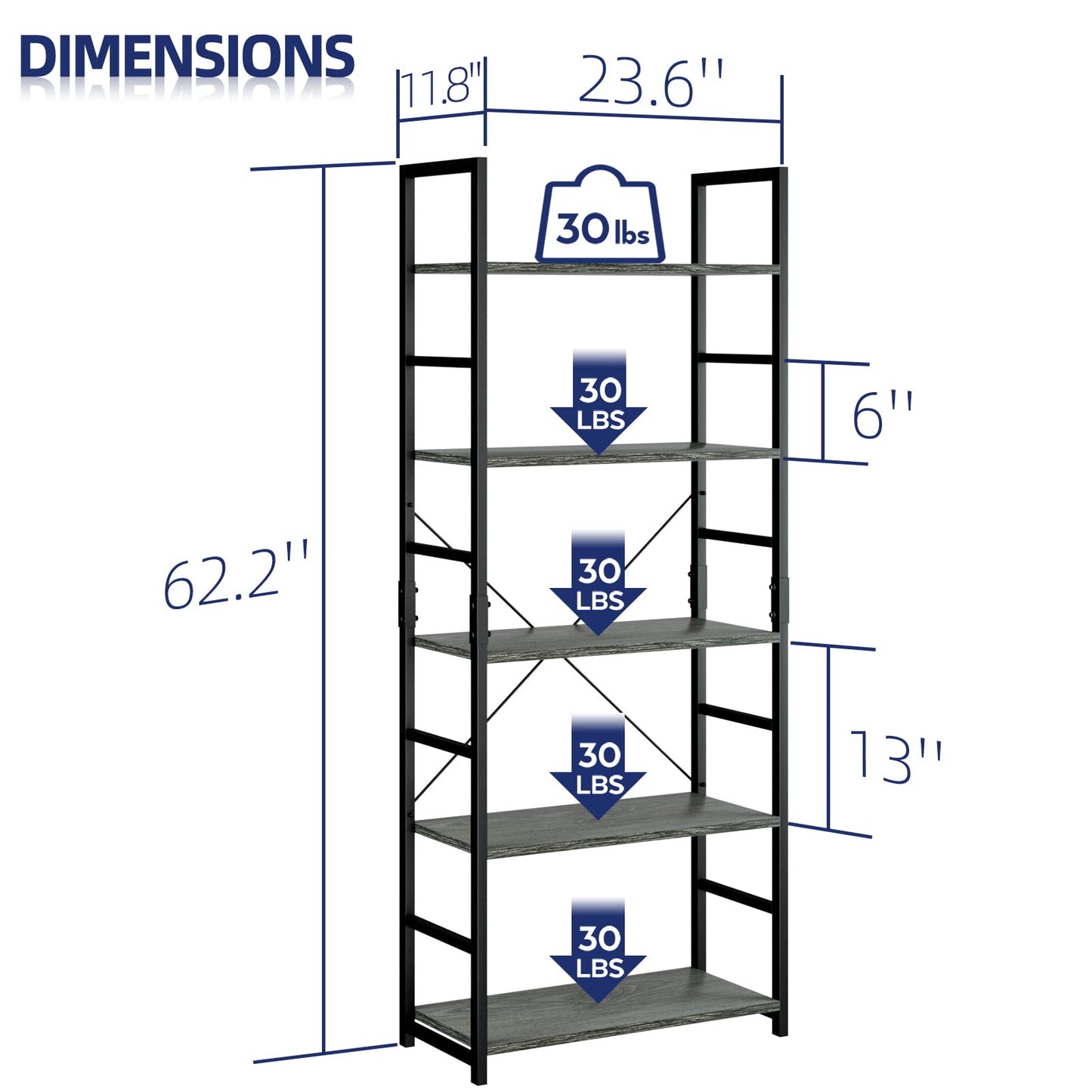 Dark Grey 5 Tier Bookshelf
