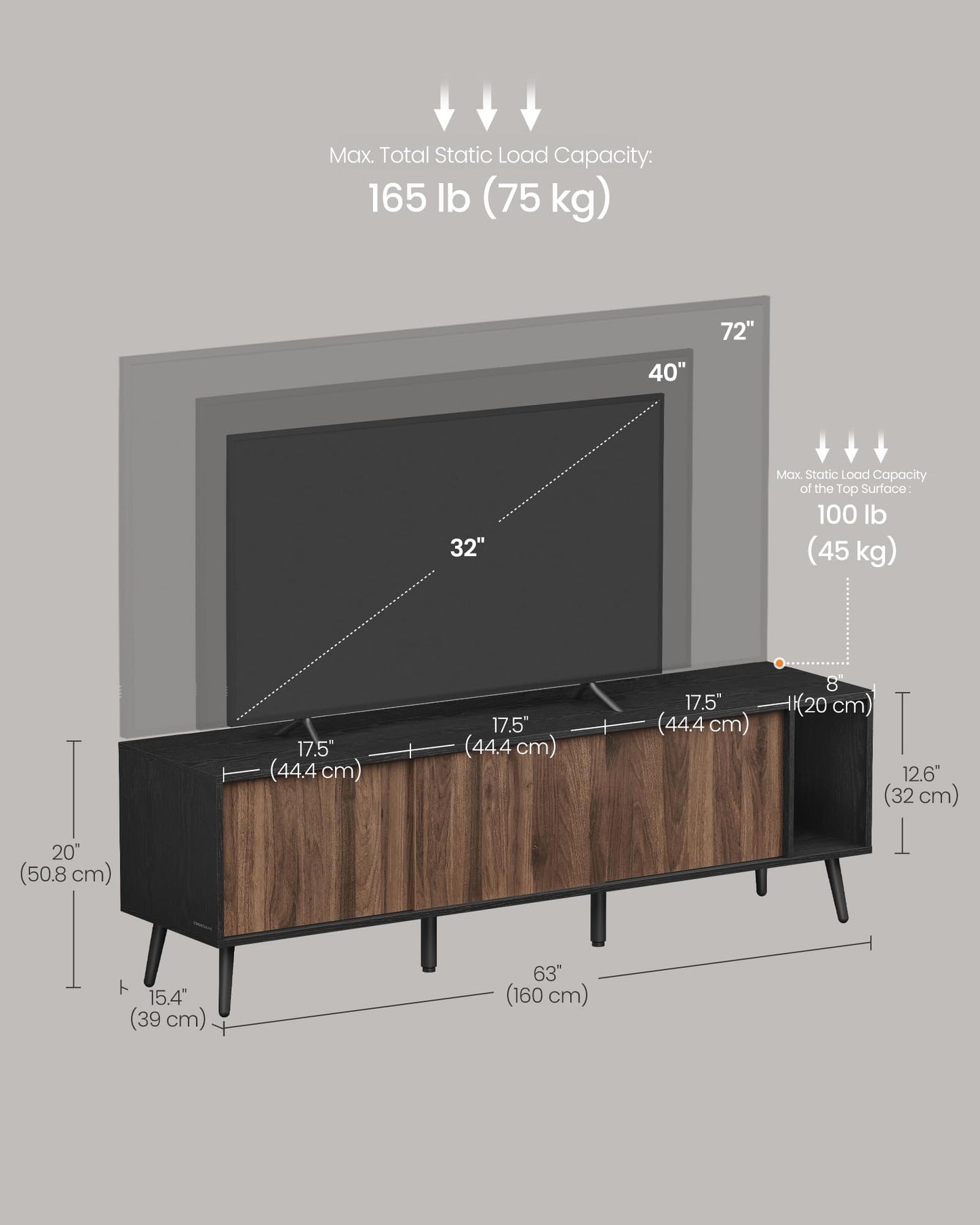 Natural Walnut + Ebony Black - 72 Inches TV Stand