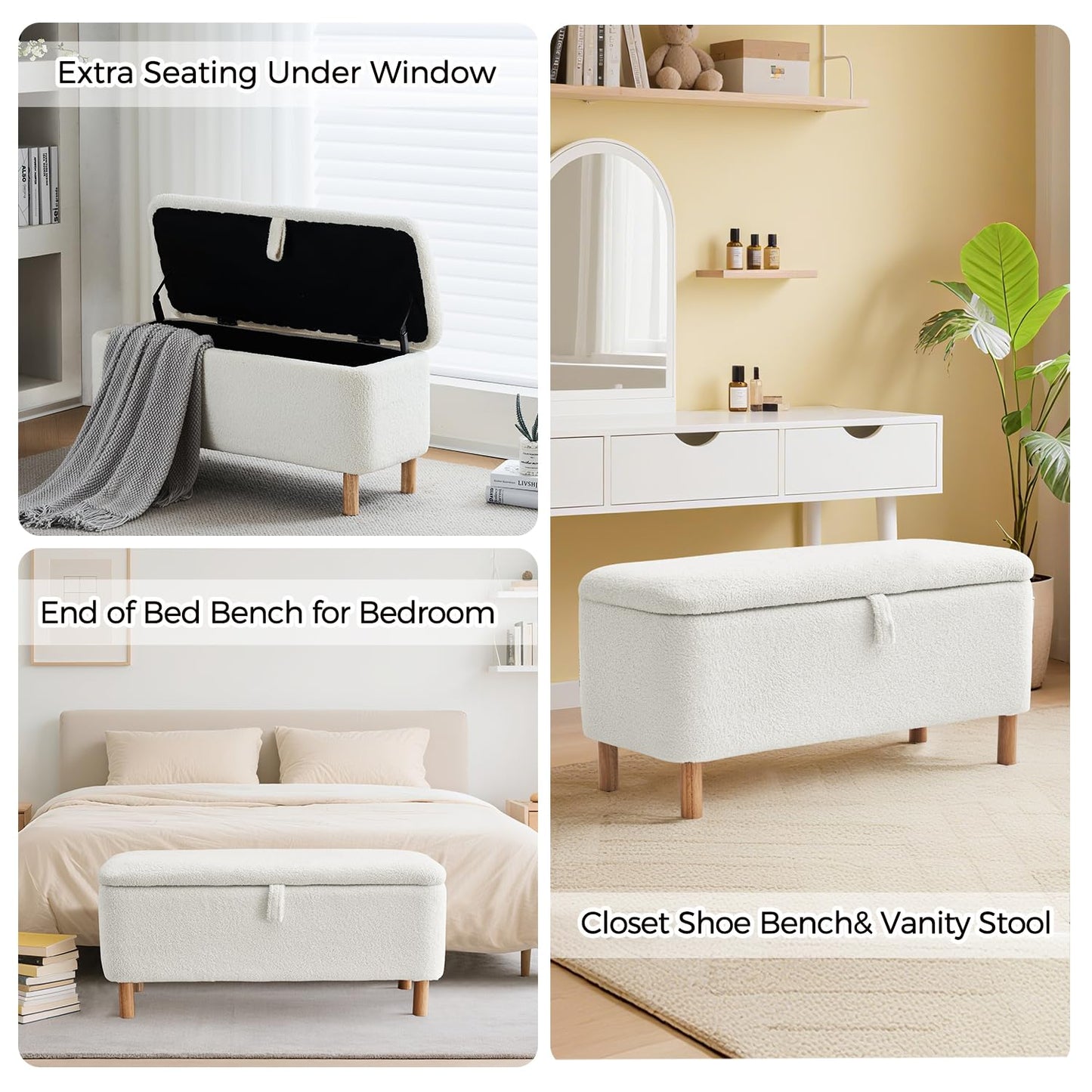 Boucle Upholstered Padded Storage Bench