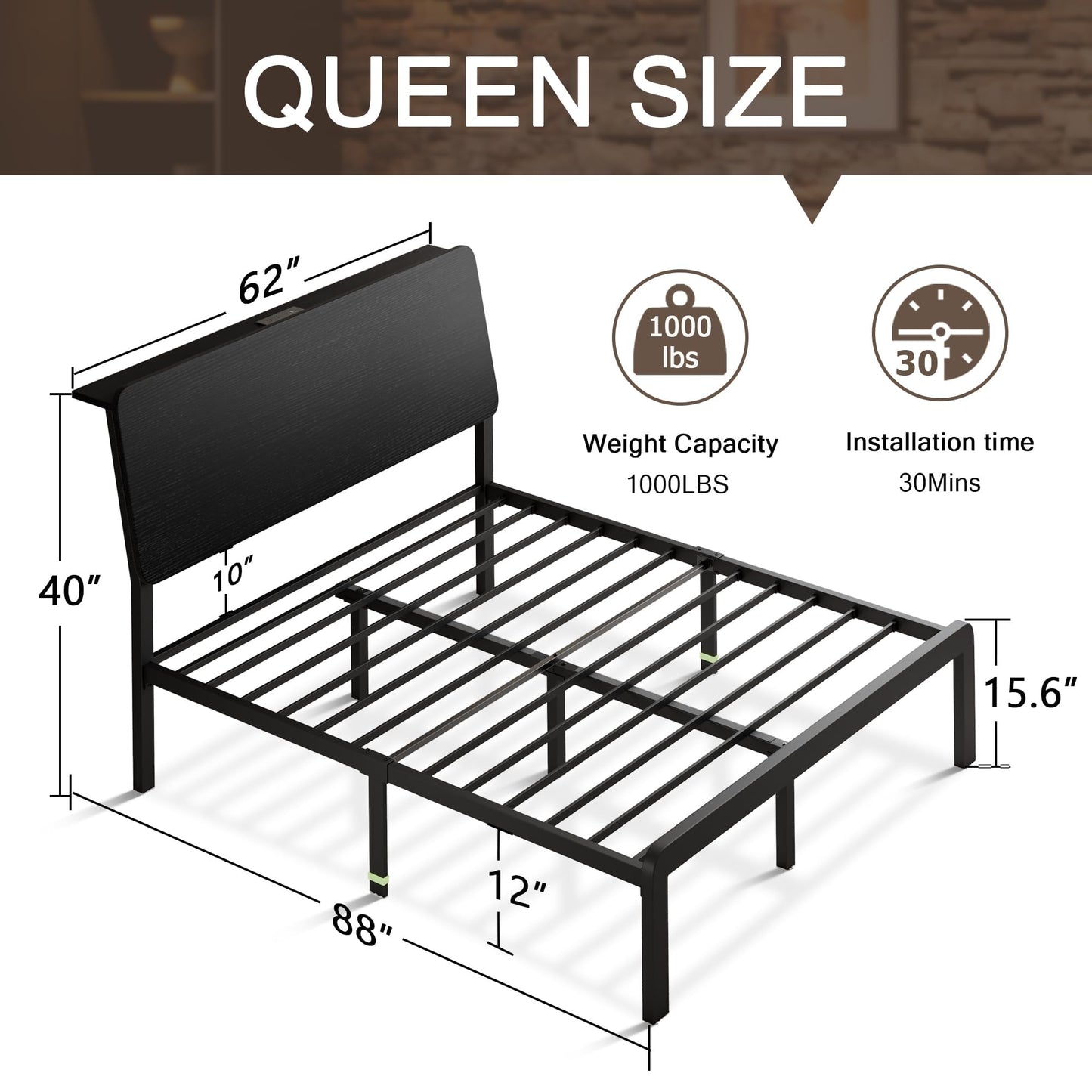Queen Bed Frame with Ergonomic Storage Headboard
