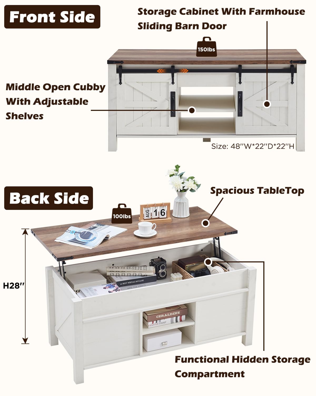 Farmhouse Lift Top Coffee Table White And Brown