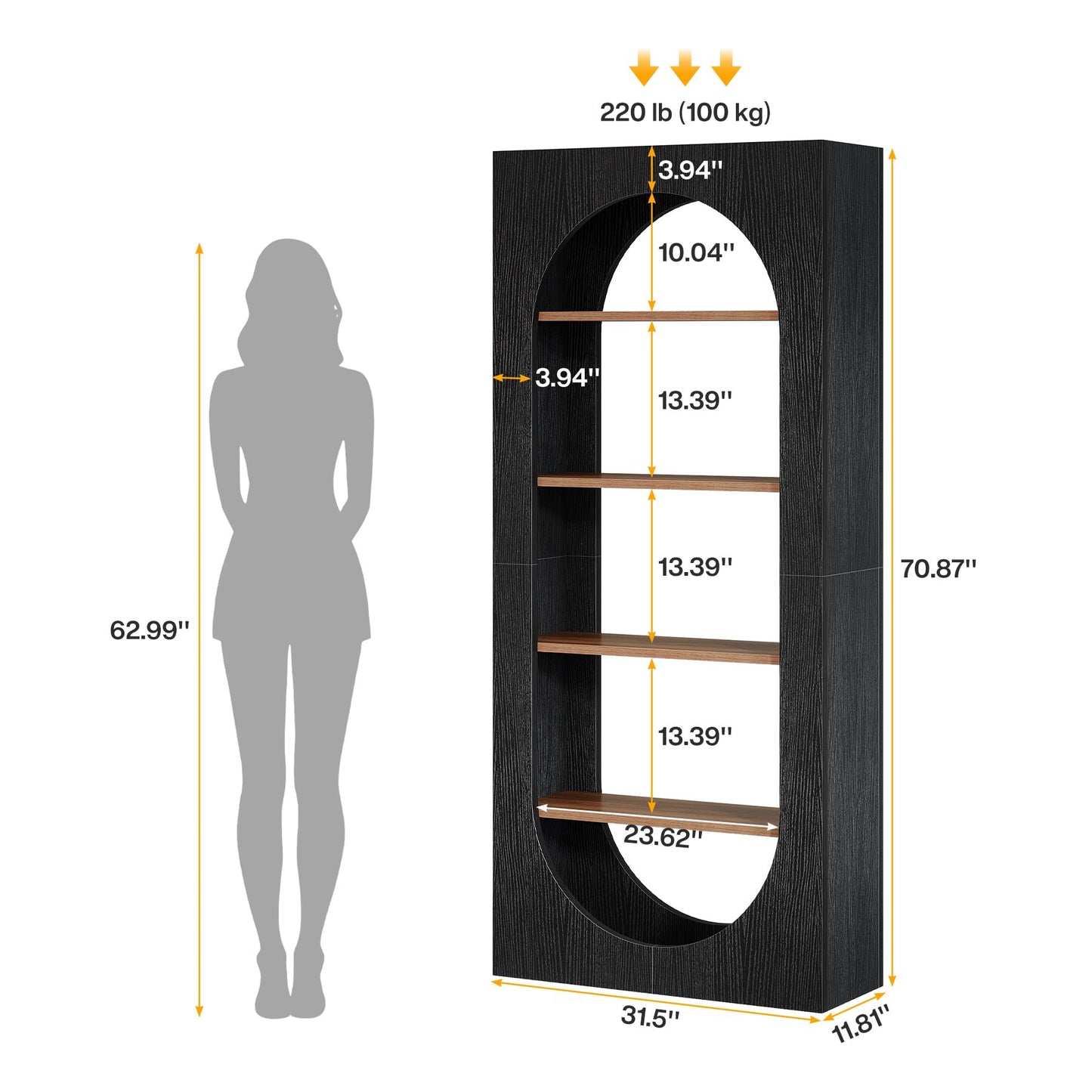 70.87-Inch Tall Arch Bookcase with Storage
