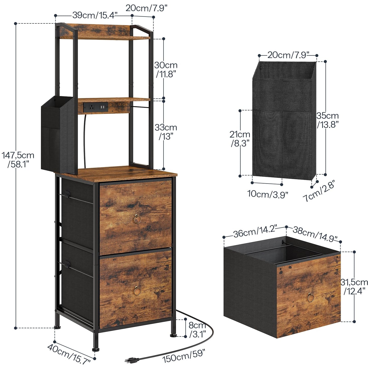 2-Drawer File Cabinet, Filing Cabinet with Charging Station