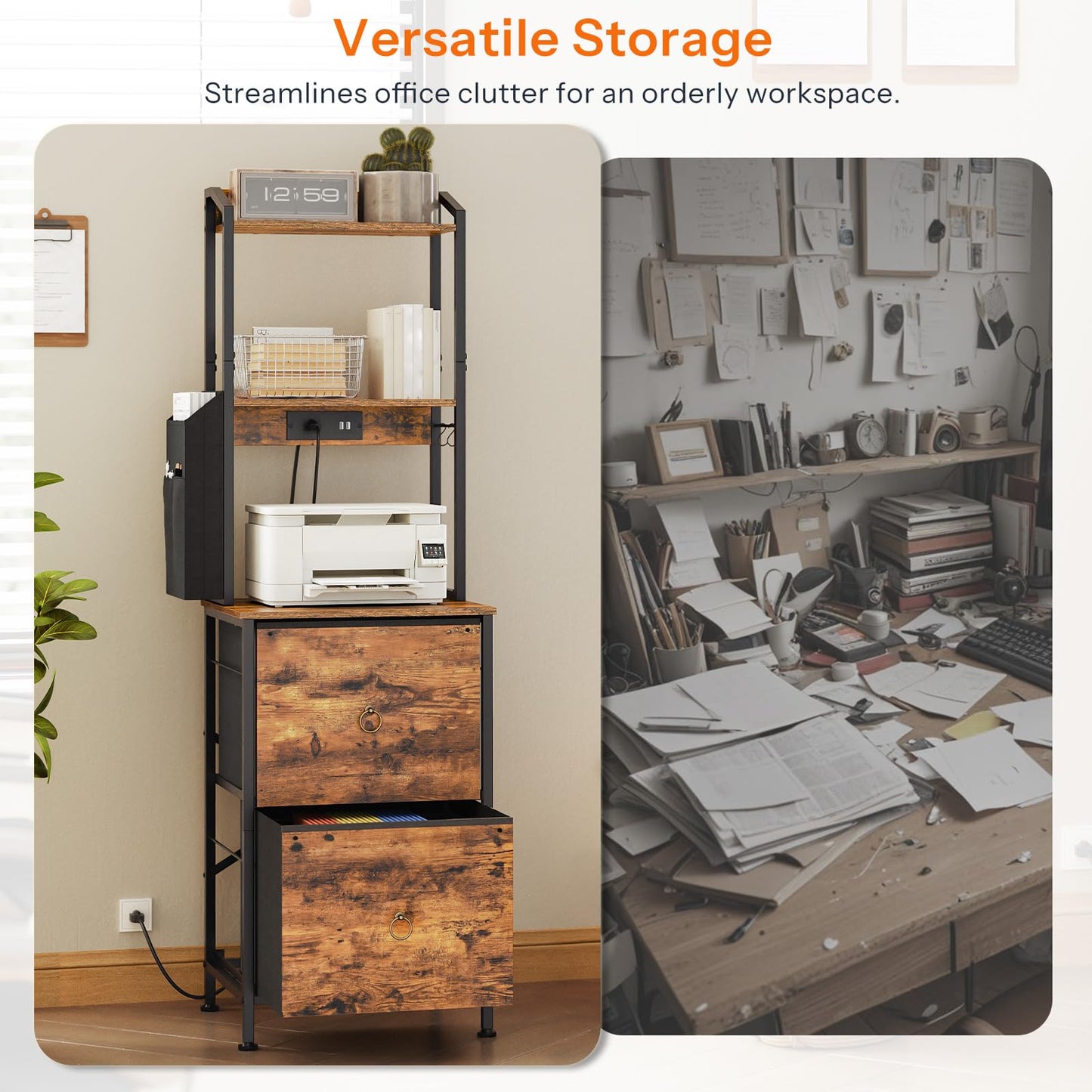 2-Drawer File Cabinet, Filing Cabinet with Charging Station