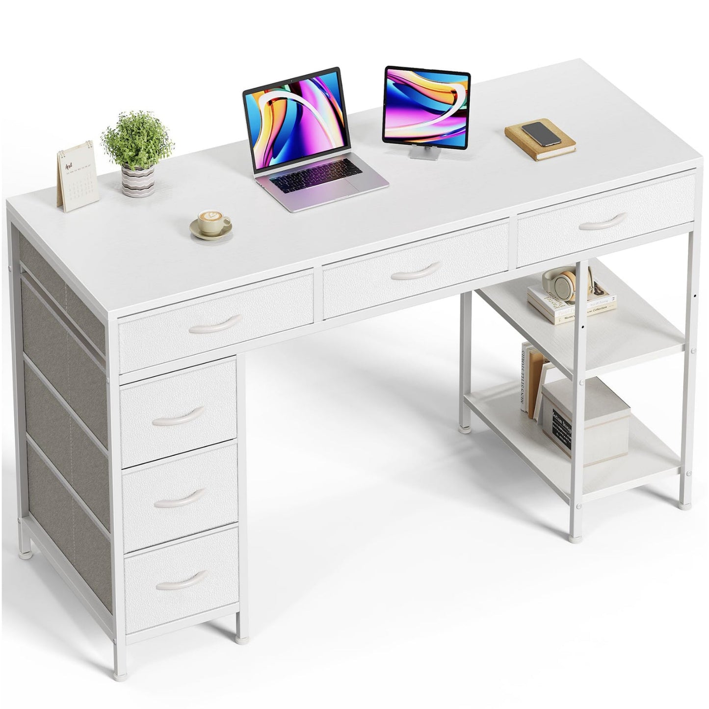 White - 54 inch Huuger Computer Desk with 6 Drawers
