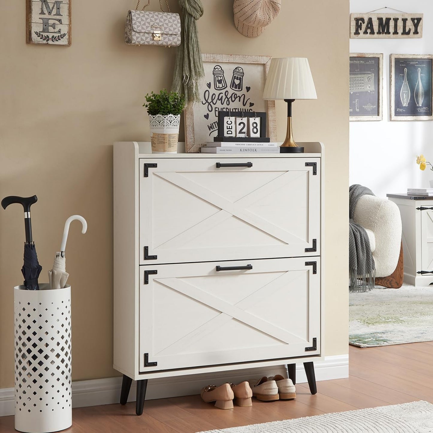 Barn Door Farmhouse Shoe Organizer with 2 Flip Drawers