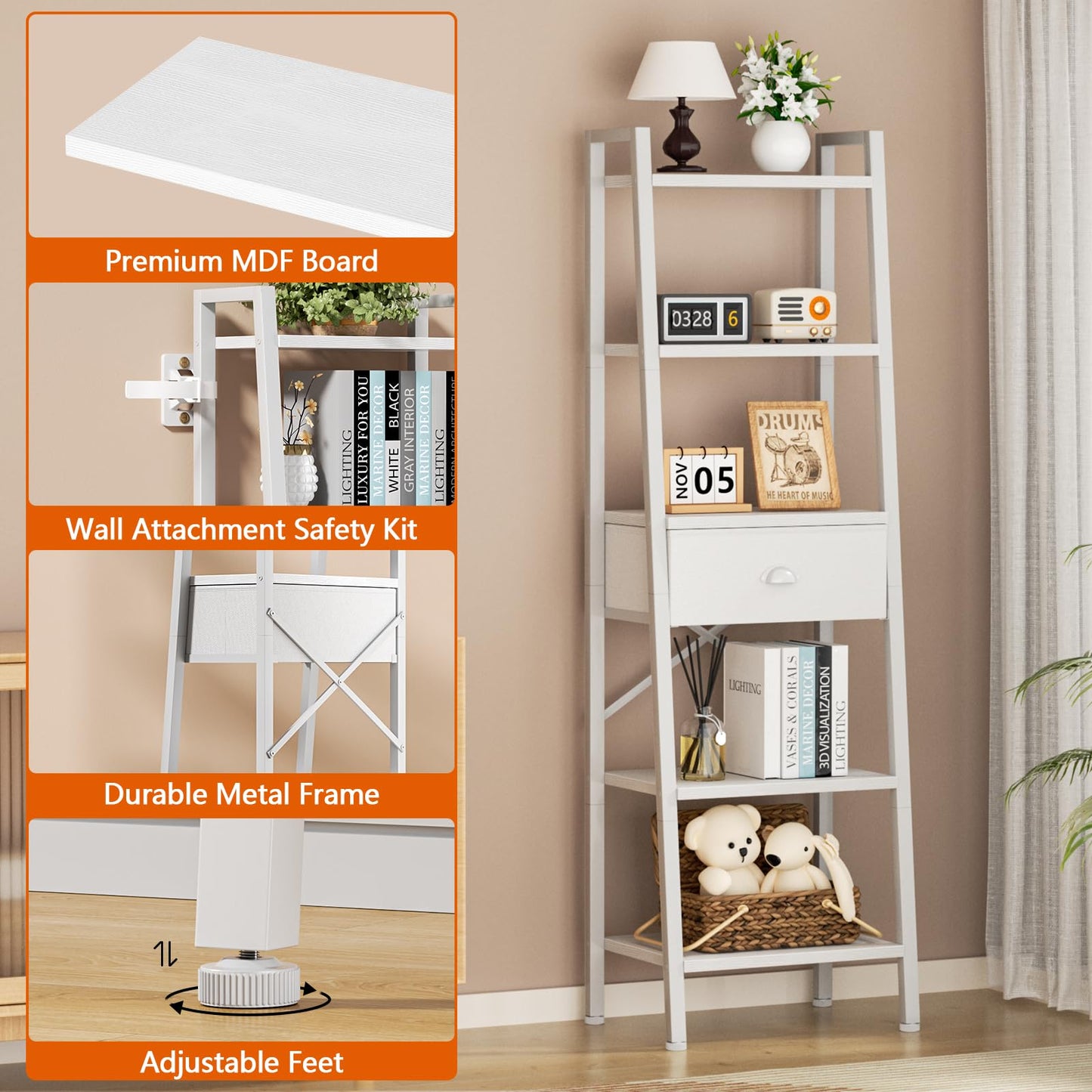 White 5 Tier Bookshelf