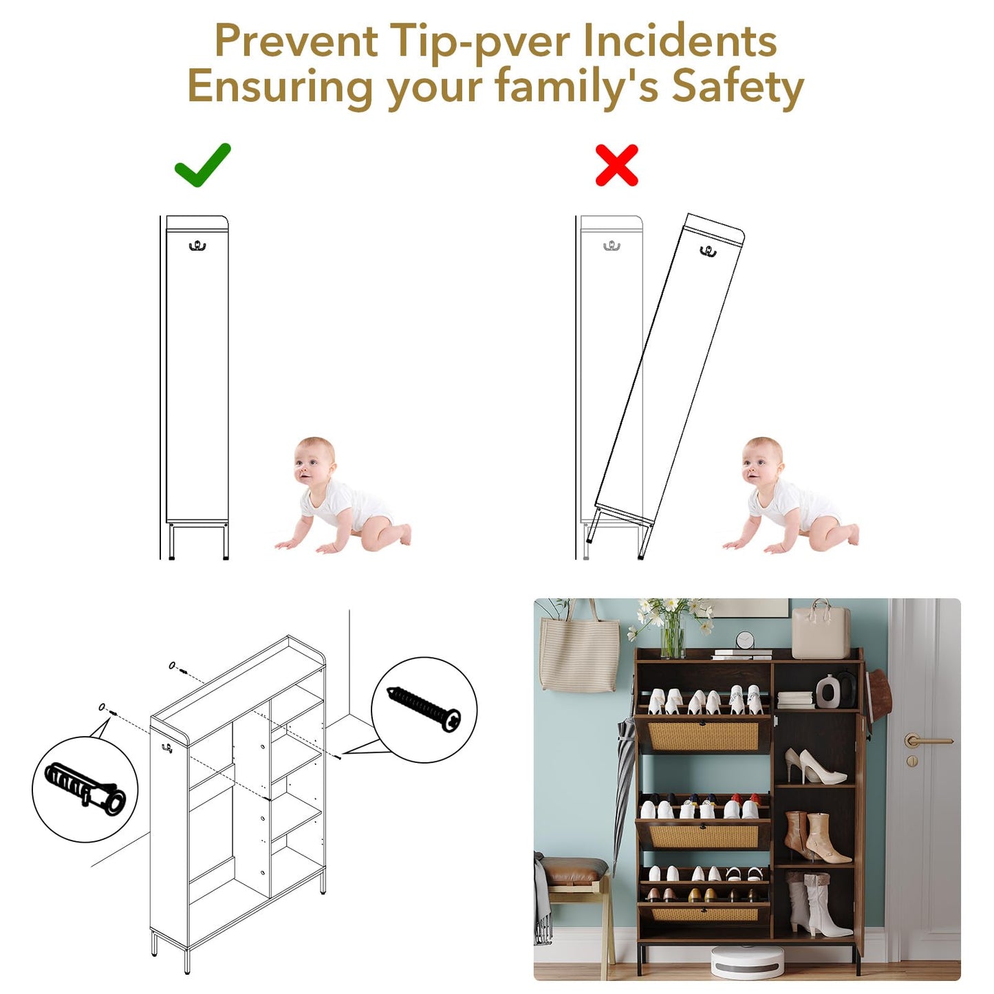 3 Tier Shoe Cabinet with Flip Drawers