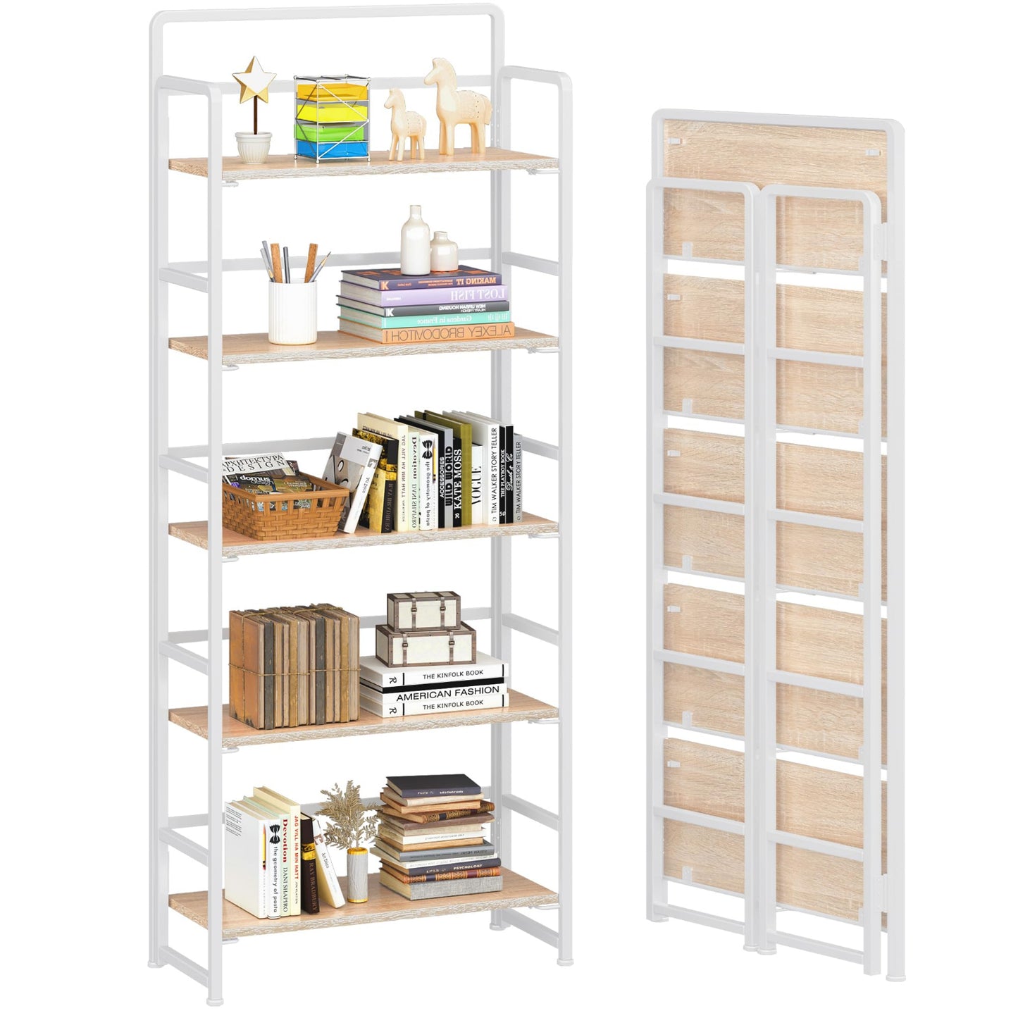 Natural and White 5 Tiers Folding Bookshelf