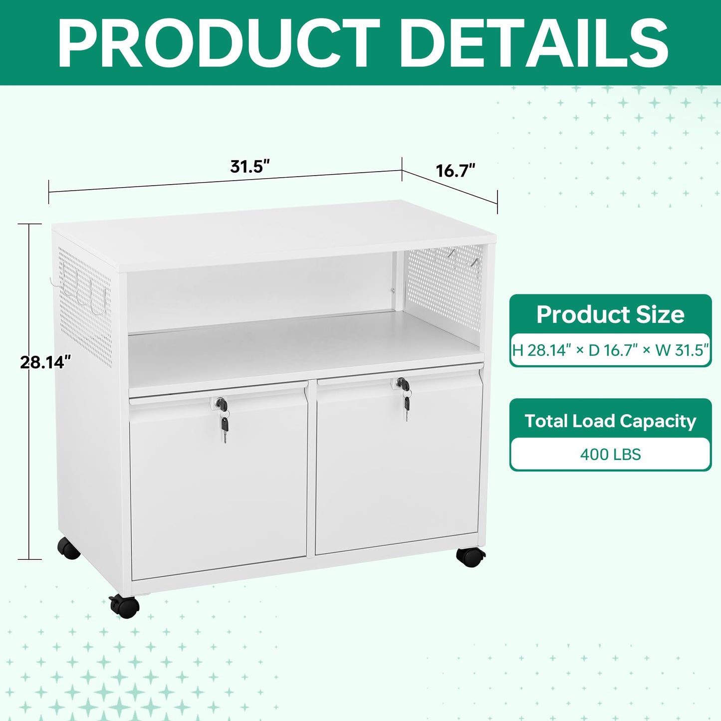 2 Drawer File Cabinet with Lock, Metal Lateral Printer Stand