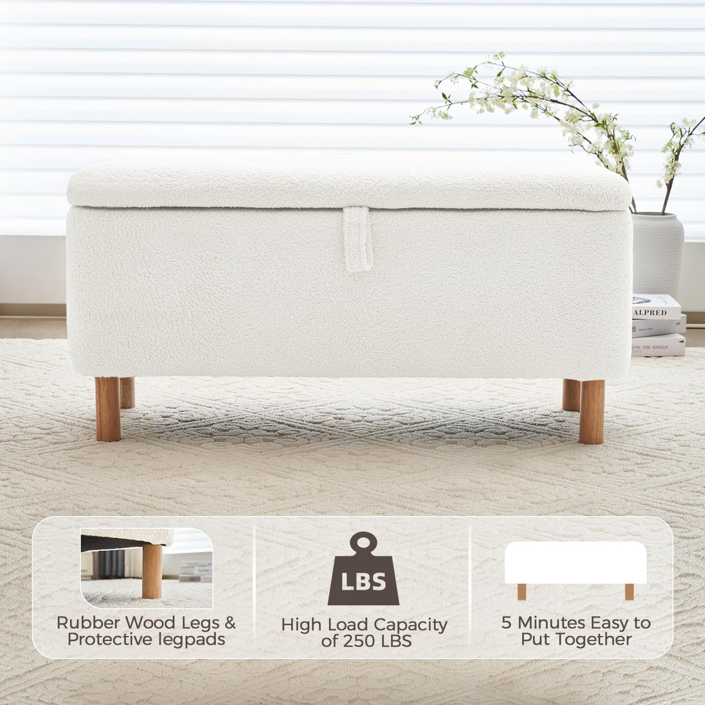 Boucle Upholstered Padded Storage Bench