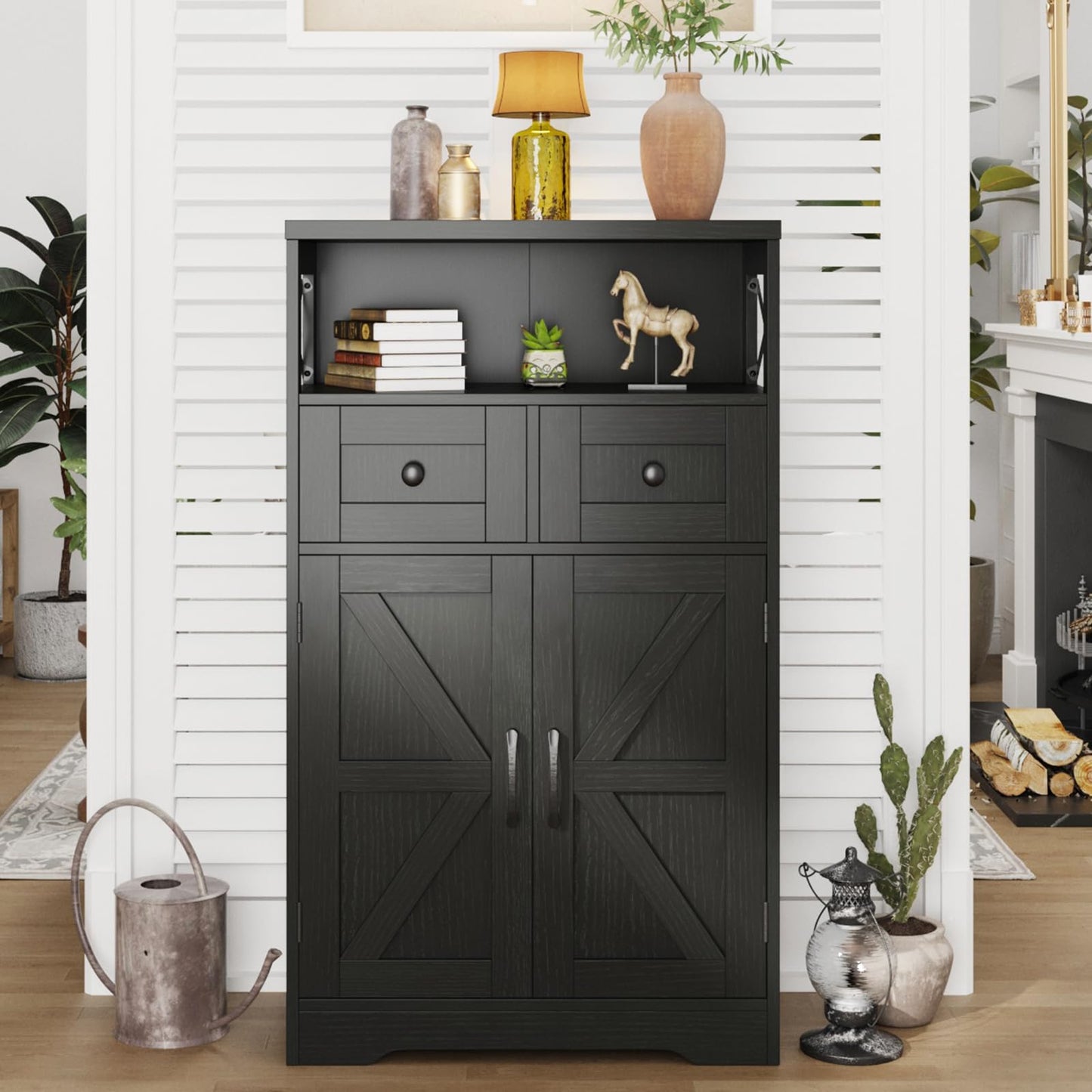 Black Storage Cabinet with Drawers and Shelves