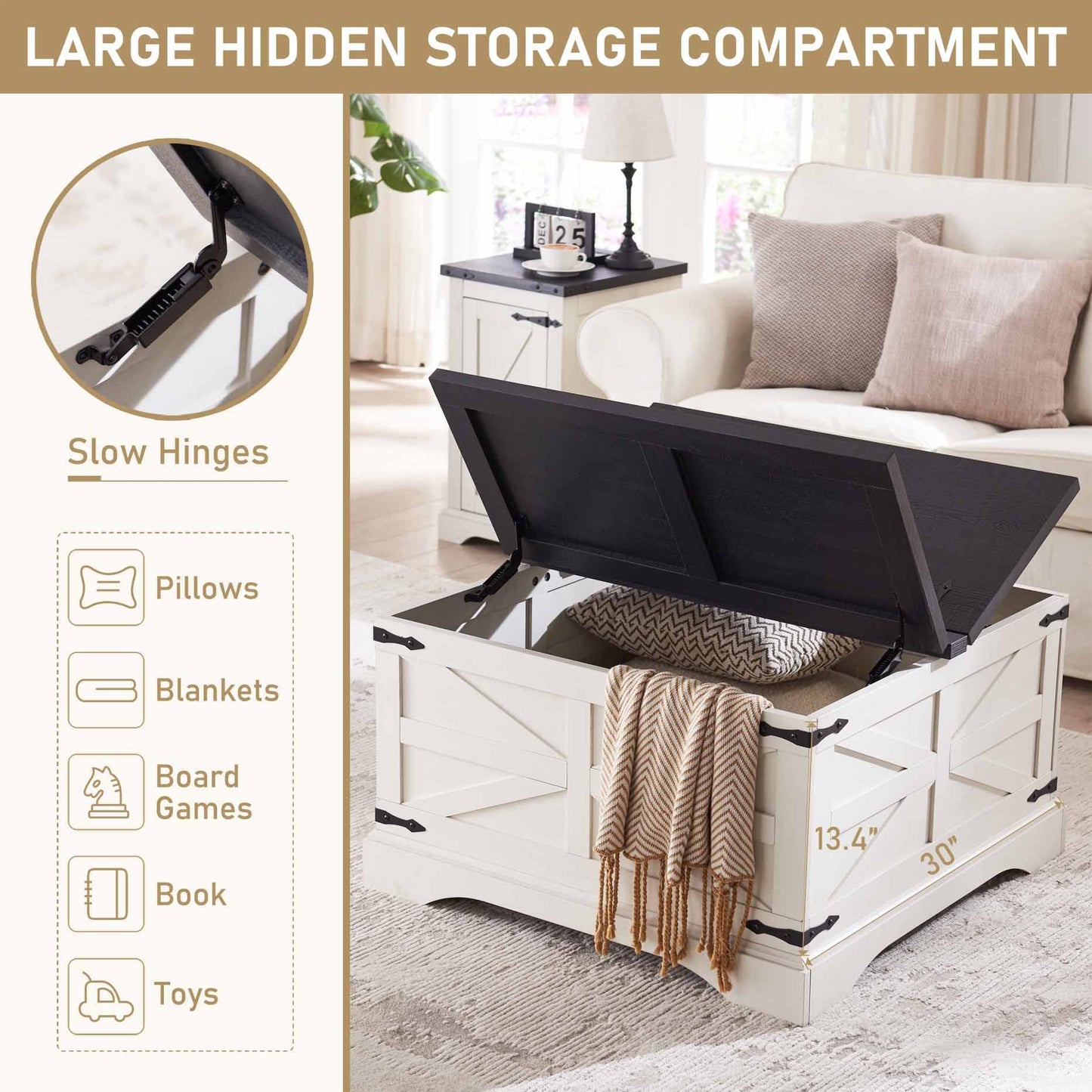 White Farmhouse Coffee Table, Square Wood Center