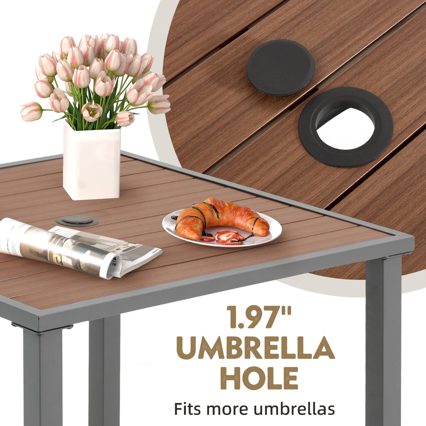 Wooden table with umbrella hole, flowers, and food on a white background