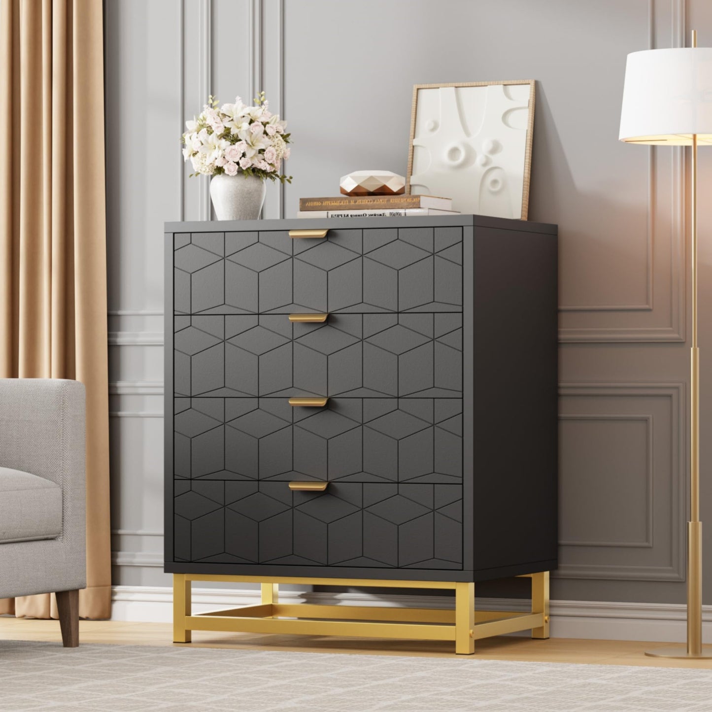 Gray dresser with geometric pattern and gold legs in a room setting.