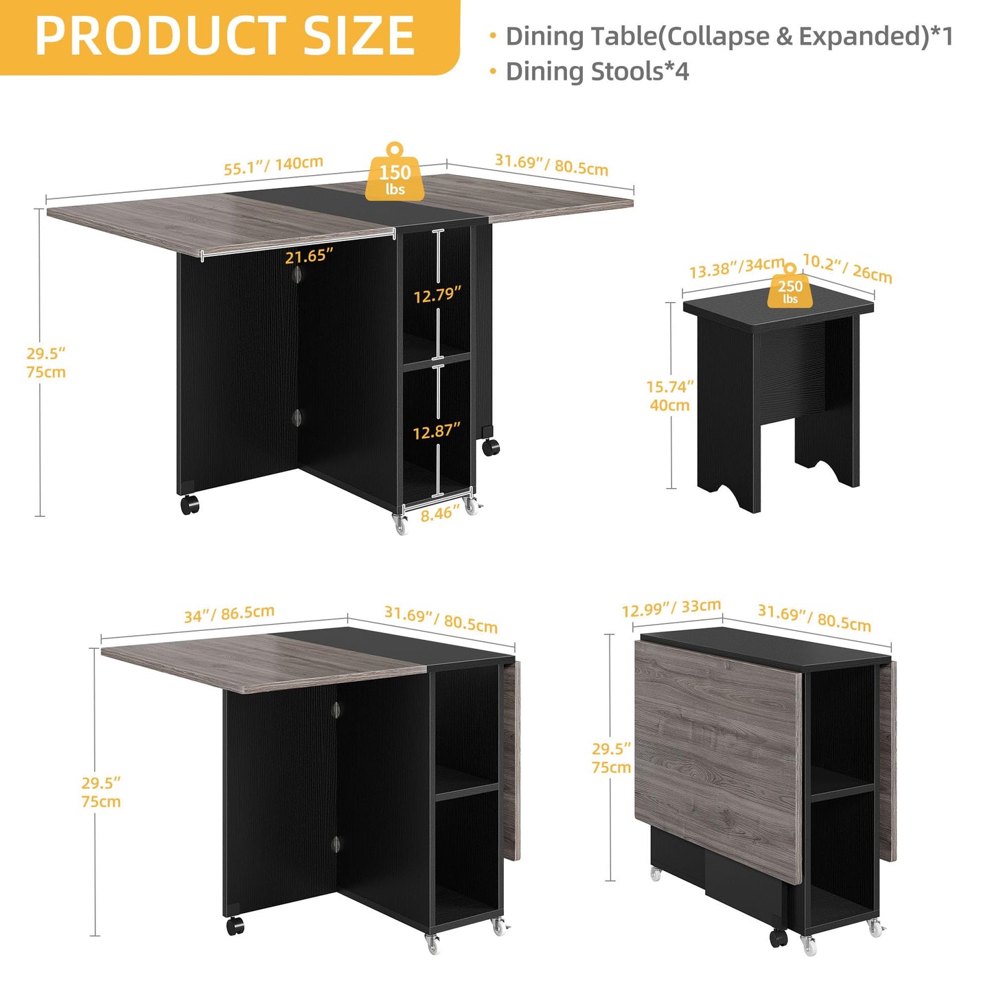 5 Pieces Folding Extendable Dining Table Set