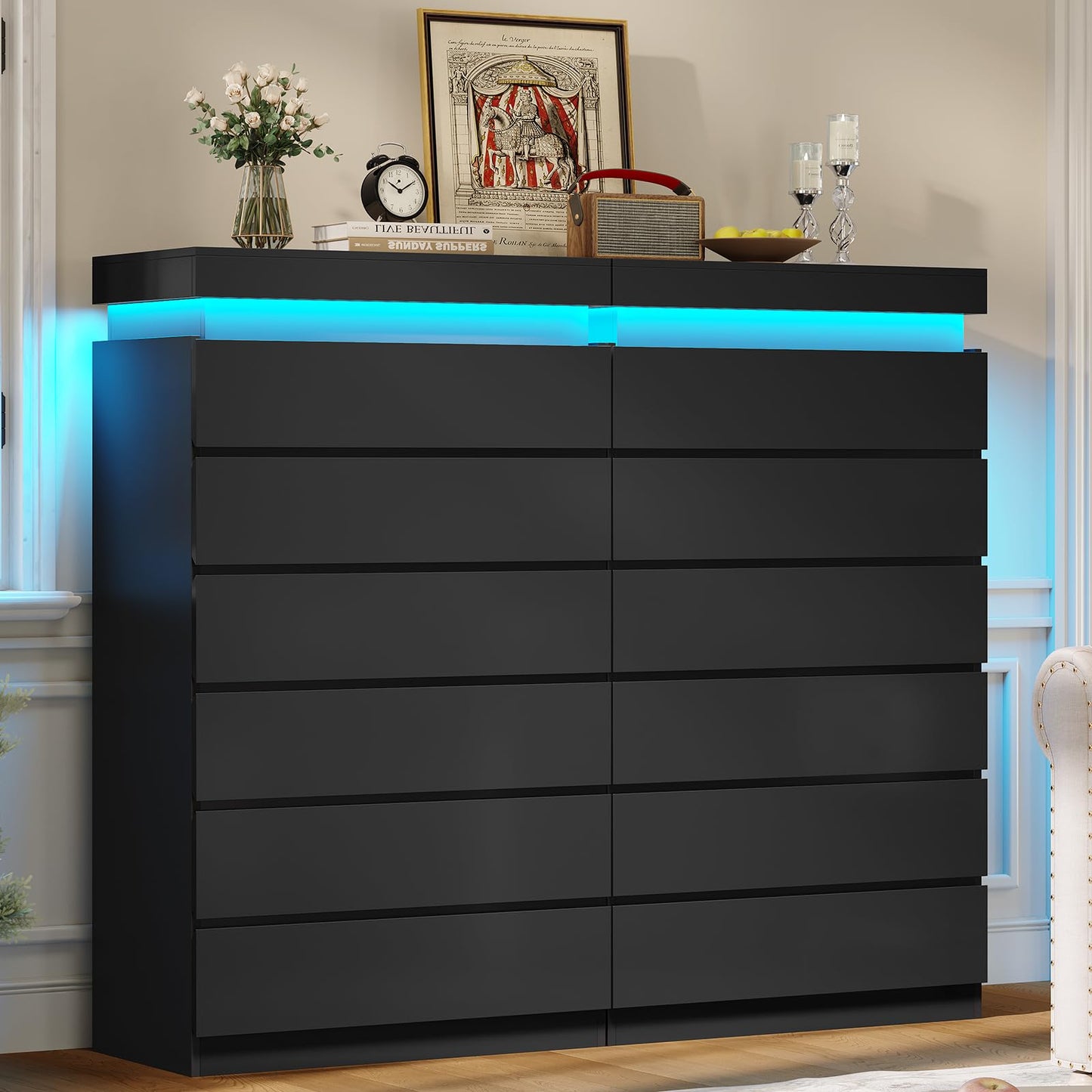 HAUOMS Tall 6 Drawer Dresser with LED Light, Black Modern Chest of Drawers for Bedroom,Closet Dressers with Drawers for Living Room, Entryway, Hallway