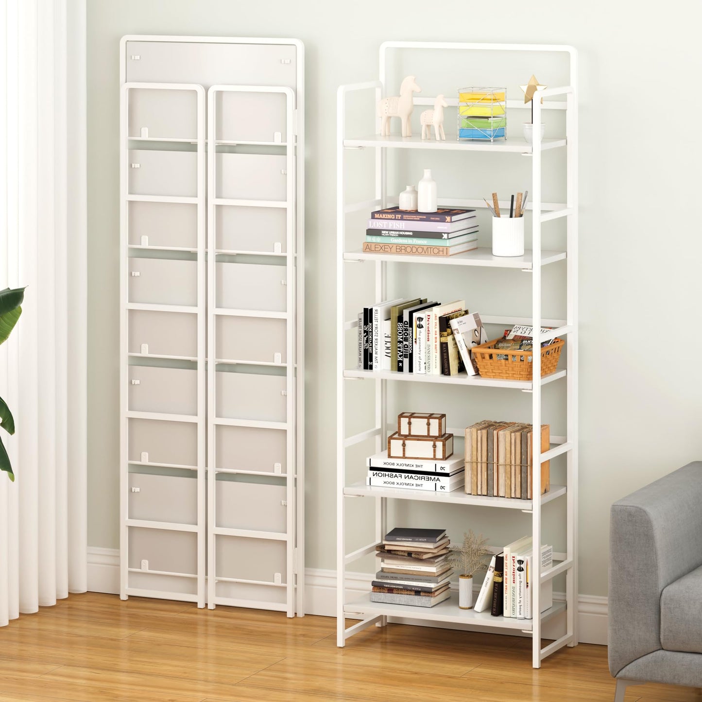 White 5 Tiers Folding Bookshelf
