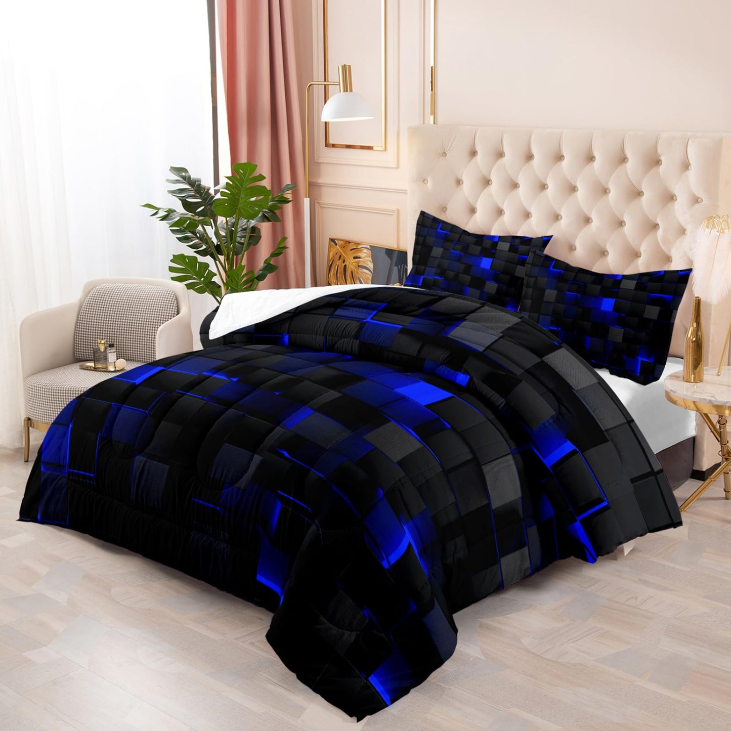 Blue Black Comforter Set,Light Honeycomb 3 Piece
