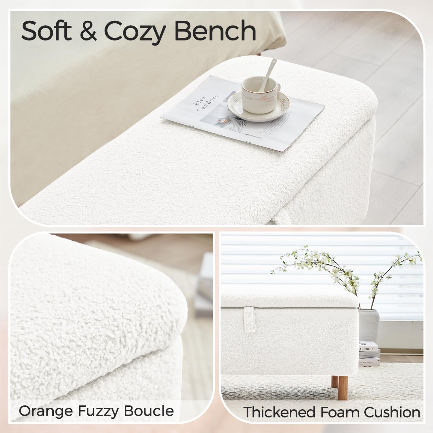 Boucle Upholstered Padded Storage Bench