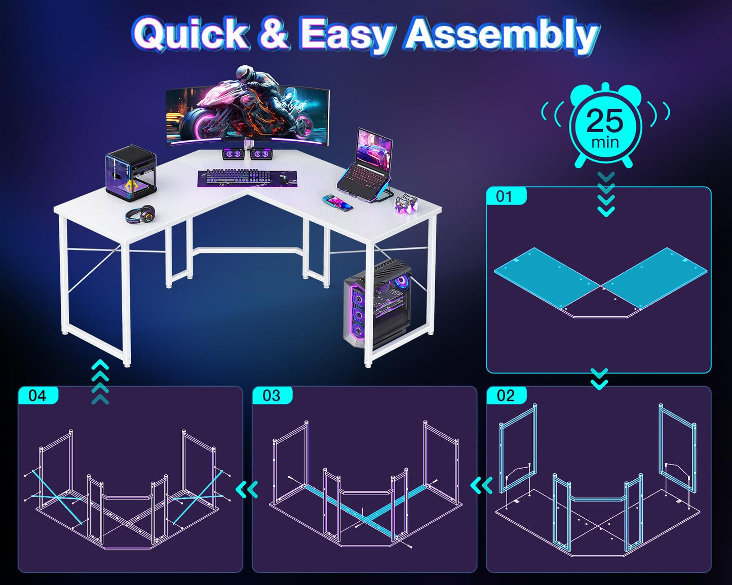 Carbon Fiber Surface, White L Shaped Gaming Desk