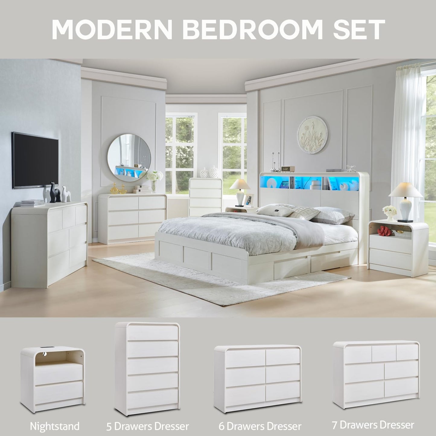 Aitjunz Modern 7 Drawers Dresser for Bedroom, 47" Wide Wood Dressers & Chests of Drawers w/Curved Profile Design, Mid Century Modern Dresser w/Natural Texture for Bedroom, Living Room,Antique White