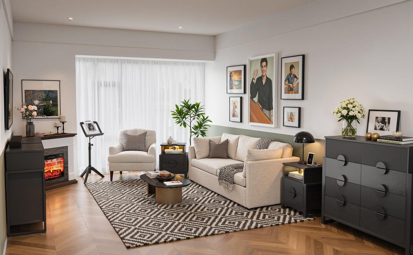 Modern living room with gray sofa, coffee table, and decorative elements.