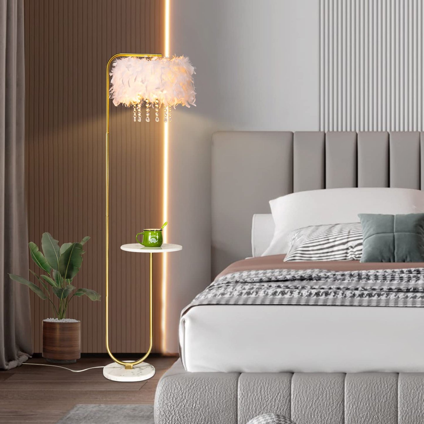 Unique Led White Feather Floor Lamp with Tray