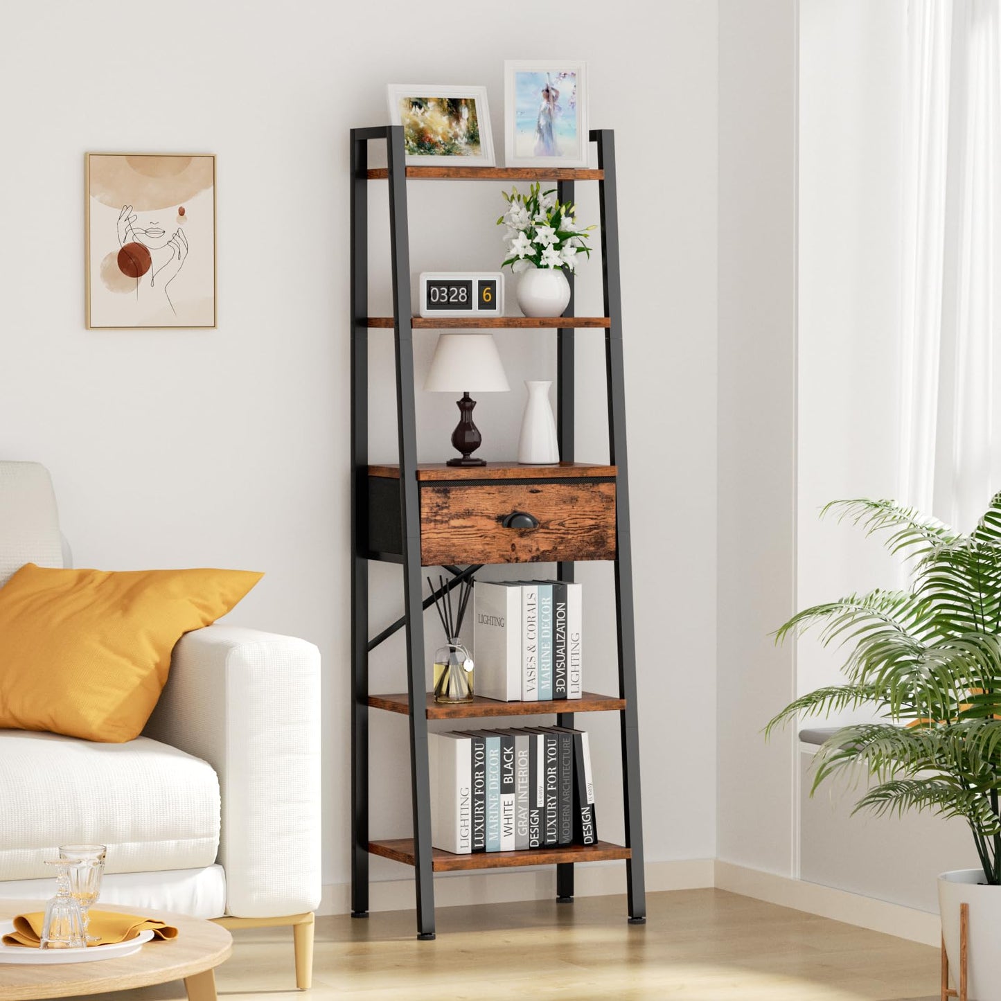 Rustic Brown 5 Tier Ladder Shelf